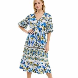 Figueroa & Flower Midi Tiered Linen Dress Size L Cottagecore Floral